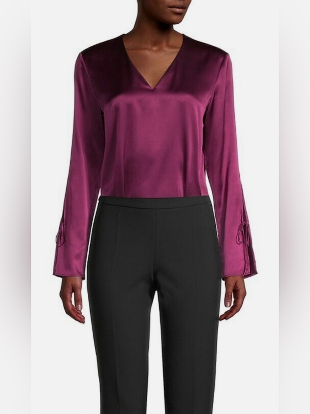 Hugo Boss Lalore V-Neck Tie-Cuff Silk Satin Blouse In Deep Purple/Plum Size 10